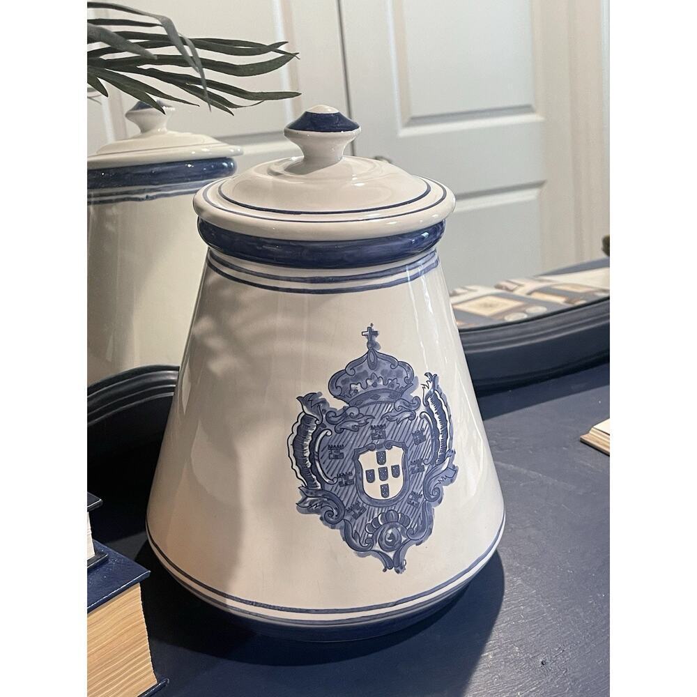 Blue White Ceramic Jar Canister w/Lid Faiancas Belo style Royal Crest Portuguese